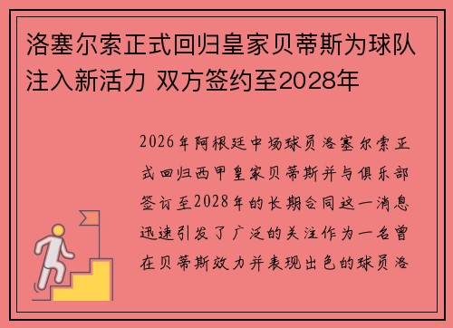 洛塞尔索正式回归皇家贝蒂斯为球队注入新活力 双方签约至2028年 洛塞尔索正式回归皇家贝蒂斯为球队注入新活力 双方签约至2028年